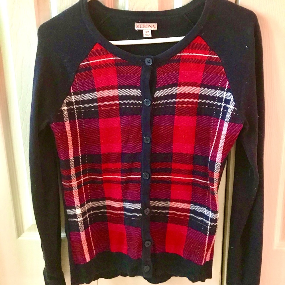 Merona Navy & Tartan Long-Sleeved Cardigan